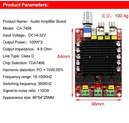 Dual Channel 100W Output Audio Amplifier Board dengan Input DC14-34V dan Teknologi Kelas D