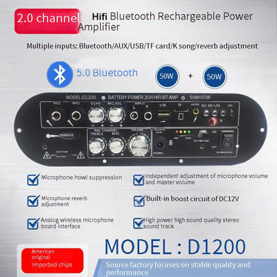 D1200 2.0 Saluran 50W + 50W BT Papan Amplifier Digital 12V Dapat Diisi Ulang untuk Penggunaan DJ Rumah Mobil