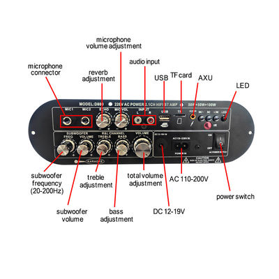 D800 Professional 2.0 Channel Bluetooth Digital Amplifier Board 12V Daya Tinggi yang Dapat Diisi Ulang untuk DJ/Karaoke
