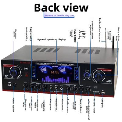 AV-888 7.1 Saluran 2000W Penguat Karaoke Home Theater Daya Tinggi Speaker Dual Loop 12 Tabung Terbuat dari Logam Tahan Lama