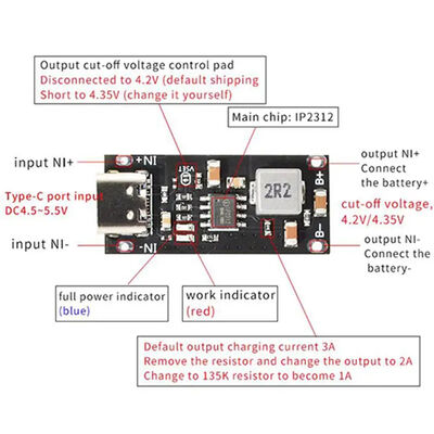 3A High Current Polymer Ternary Lithium Battery Charging Board Type-C Input Support 5V to 4.2V/4.35V with PCB Base Material